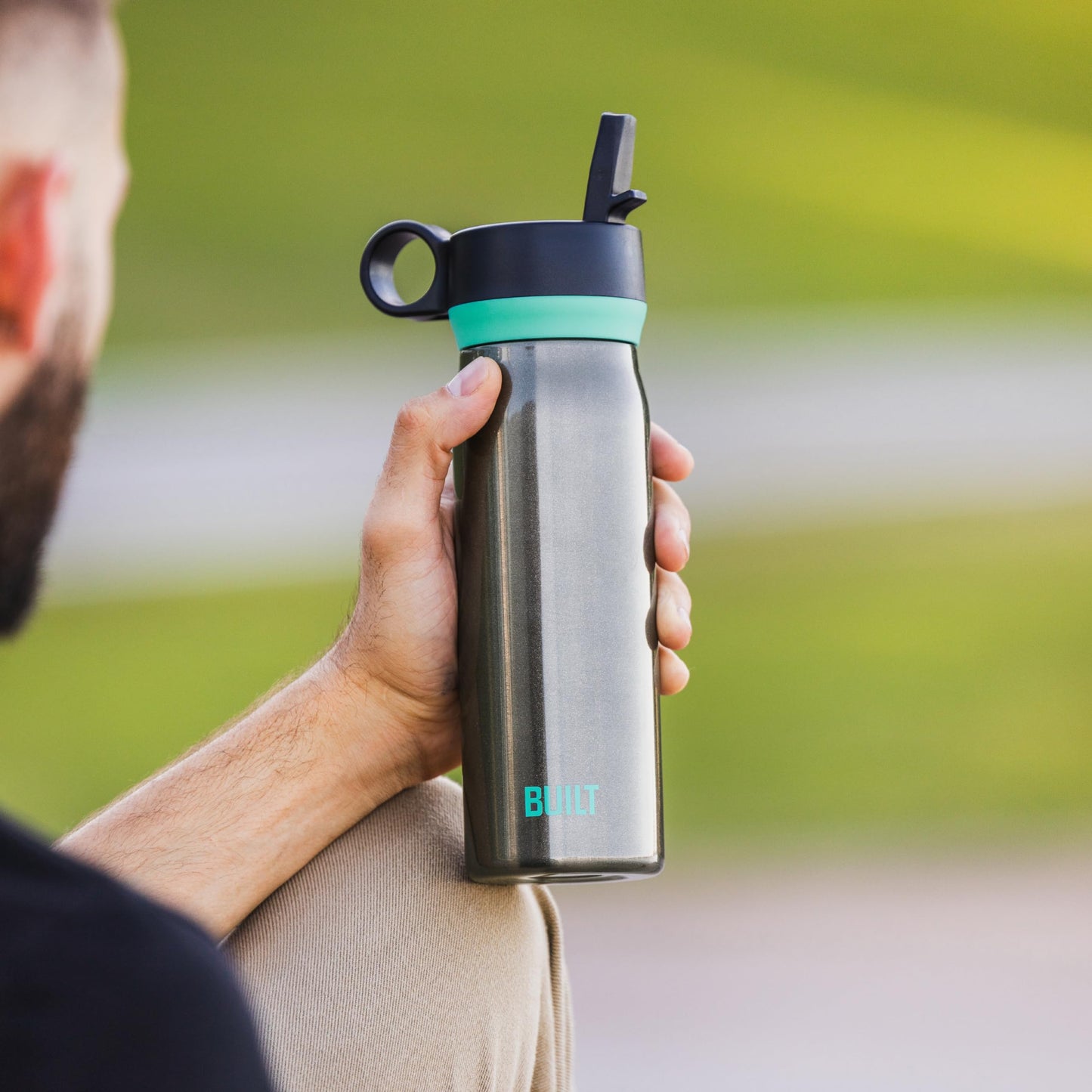 BUILT 20 fl oz Double-Walled Stainless Steel Wide Mouth Cascade Bottle, Straw Lid Spill-resistant Travel Cup with Rubber Grip Keep Drinks Cold Hot