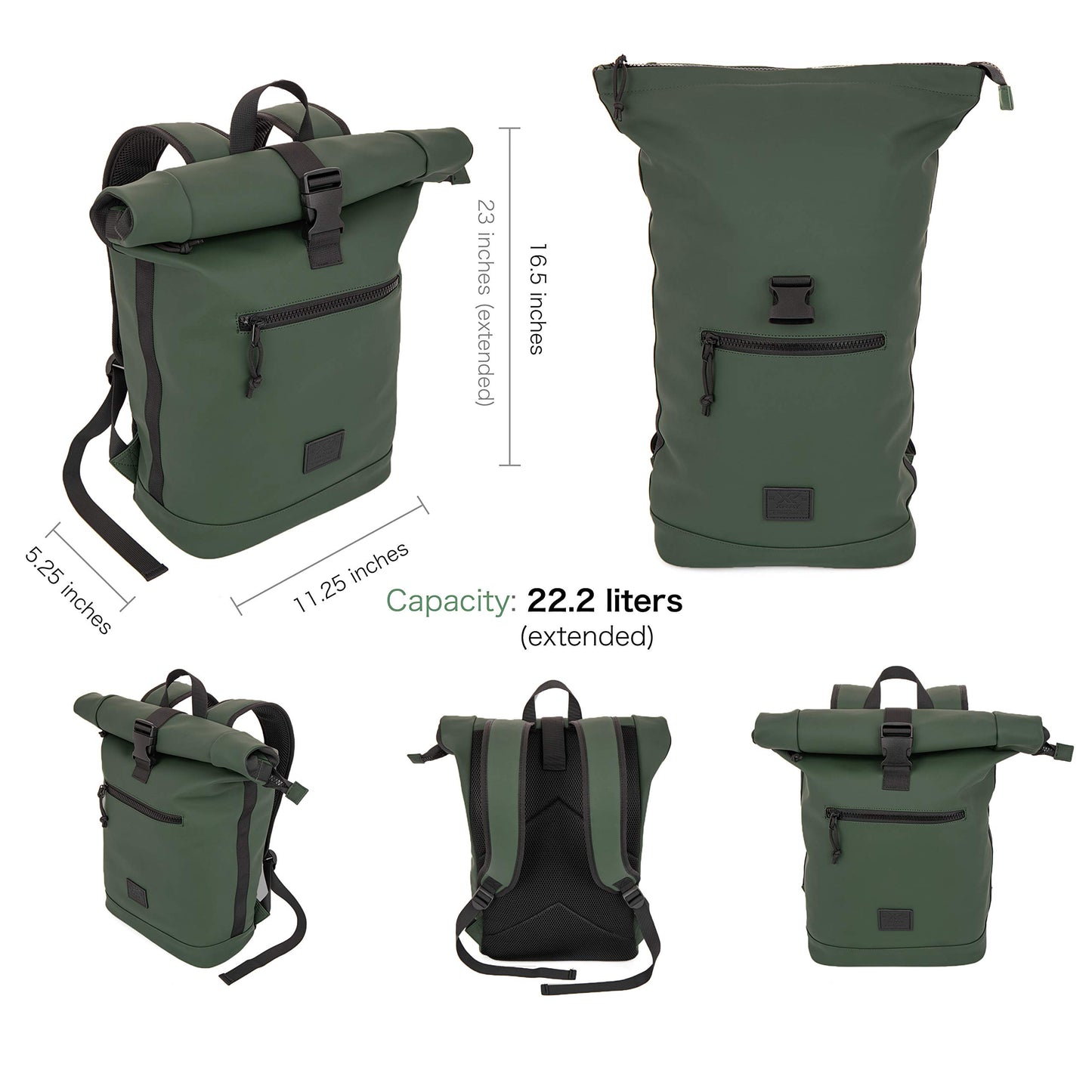 X RAY Roll Top Laptop Backpack for Men Women, PU Leather Expandable Roll Up Backpack Capacity Adjustable 22L & Fits 15.6" Laptop, Dark Olive
