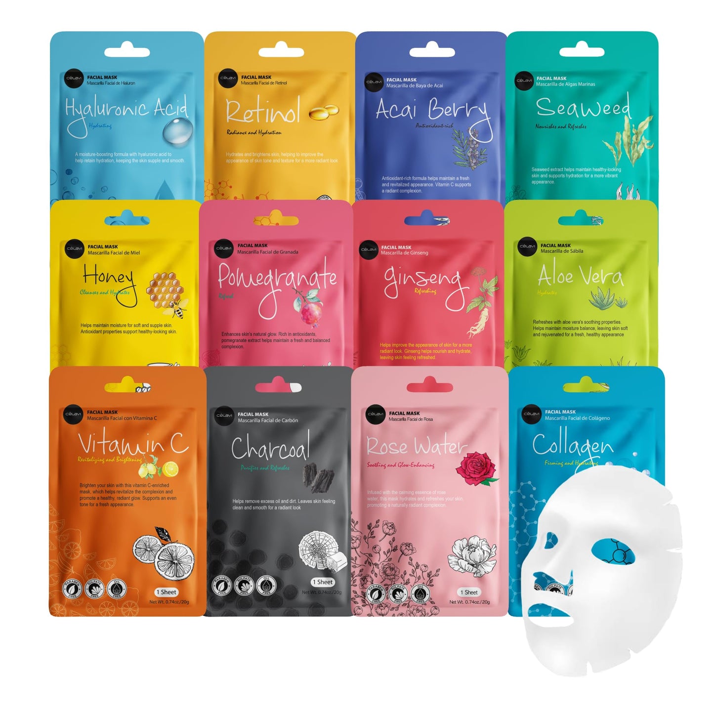 celavi Face Mask Set Korean Beauty Essence Facial Paper Sheet Mask Korea Skin Care Moisturizing 2 Packs of each 12 New flavors K-Beauty Skincare 24