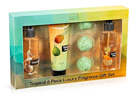 Fine Fragrance Body Mist & Body Splash Gift Set - Luxury Self-Care Combo for Women and Girls (Coconut, Cucumber, Mango Pear w/ Bath Fizzer, Bath Bomb)