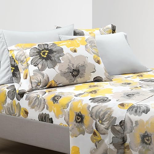 Lush Decor Leah Soft Floral Sheet Set, 6 Piece Set, Queen, Yellow & Gray- Queen Size Sheet Set - Printed Bedding - Watercolor Florals - Farmhouse