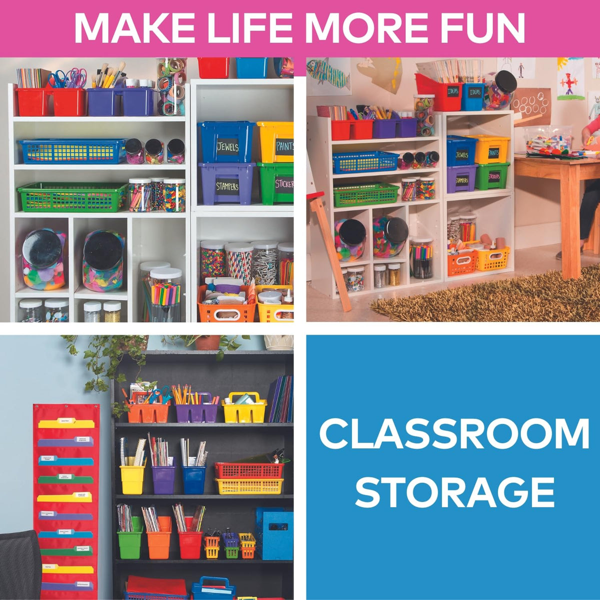 Fun Express Stackable Storage Bins 13x9.75x3 Inch - 6 Pack Colorful ...