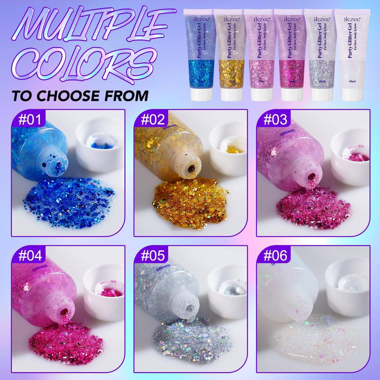 6Pcs Body Glitter for Women - Holiday Glitter Gel for Face &Body & Hair & Nail DIY?Hair Glitter Gel Create A Stunning Visual Feast ?Multiple Purpose