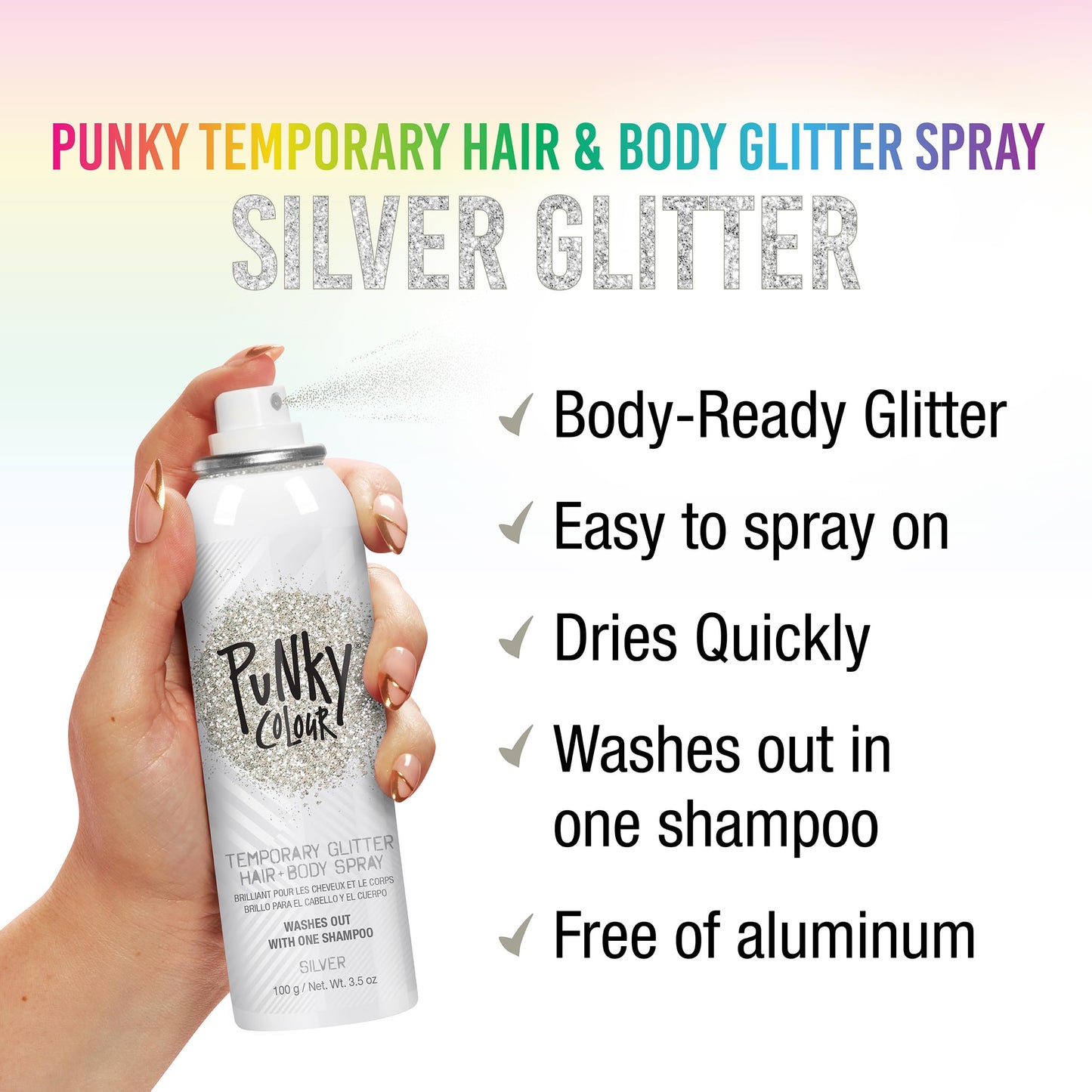 Punky Temporary Hair and Body Glitter Color Spray, Travel Spray, Lightweight, Adds Sparkly Shimmery Glow, Perfect to use On Hair, Skin