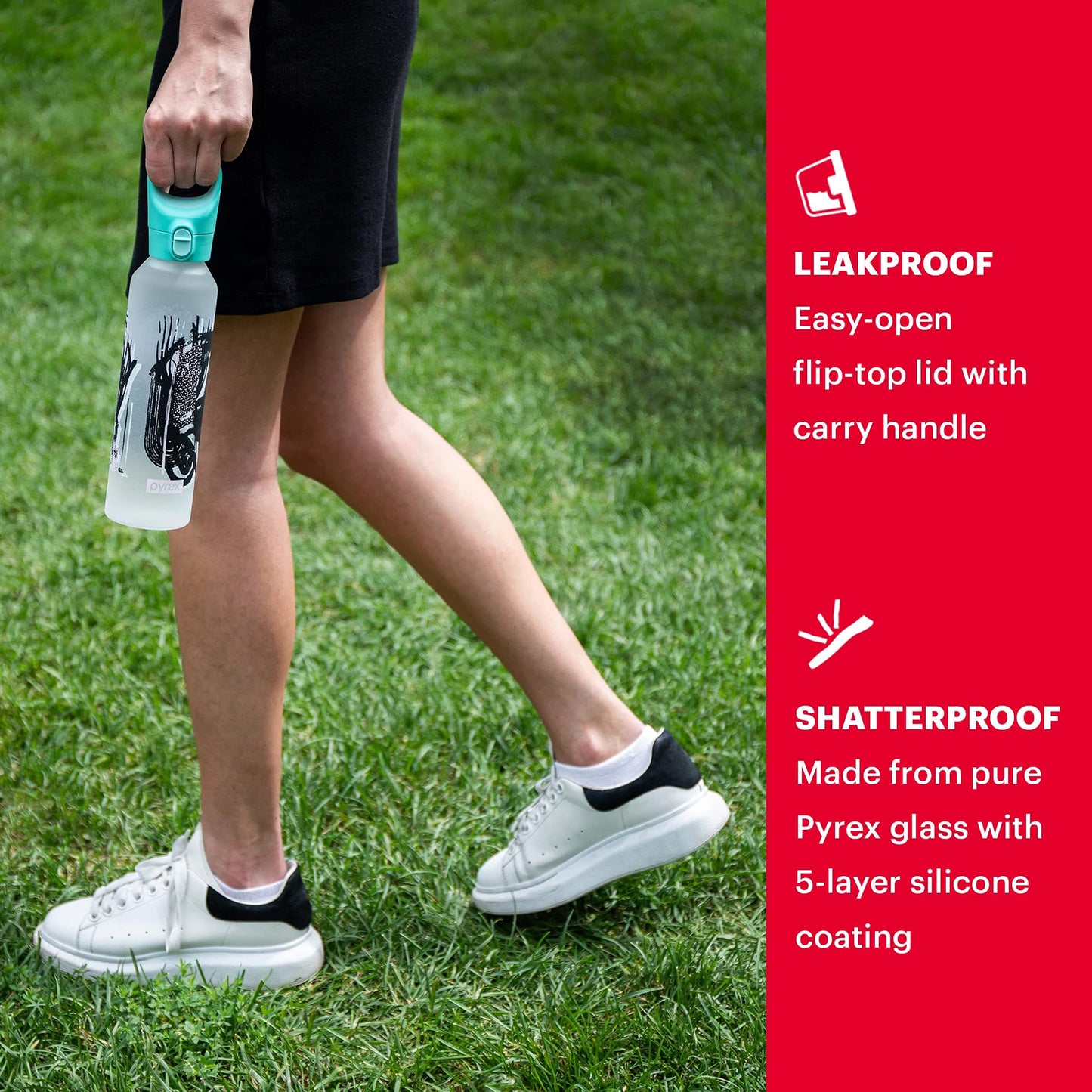 Pyrex 24-Oz Color Changing Glass Water Bottle with Silicone Coating, Leakproof and Textured Glass Reusable Water Bottle with Flip-Top Lid