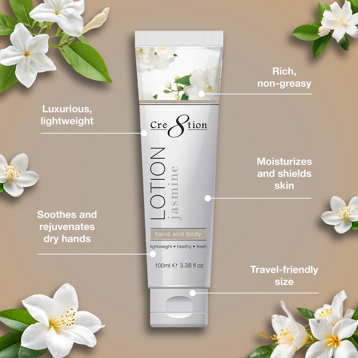Cre8tion Spa Jasmine Hand & Body Lotion, Luxurious Lightweight Moisturizer for Silky, Smooth Skin, 3.3 Fl Oz
