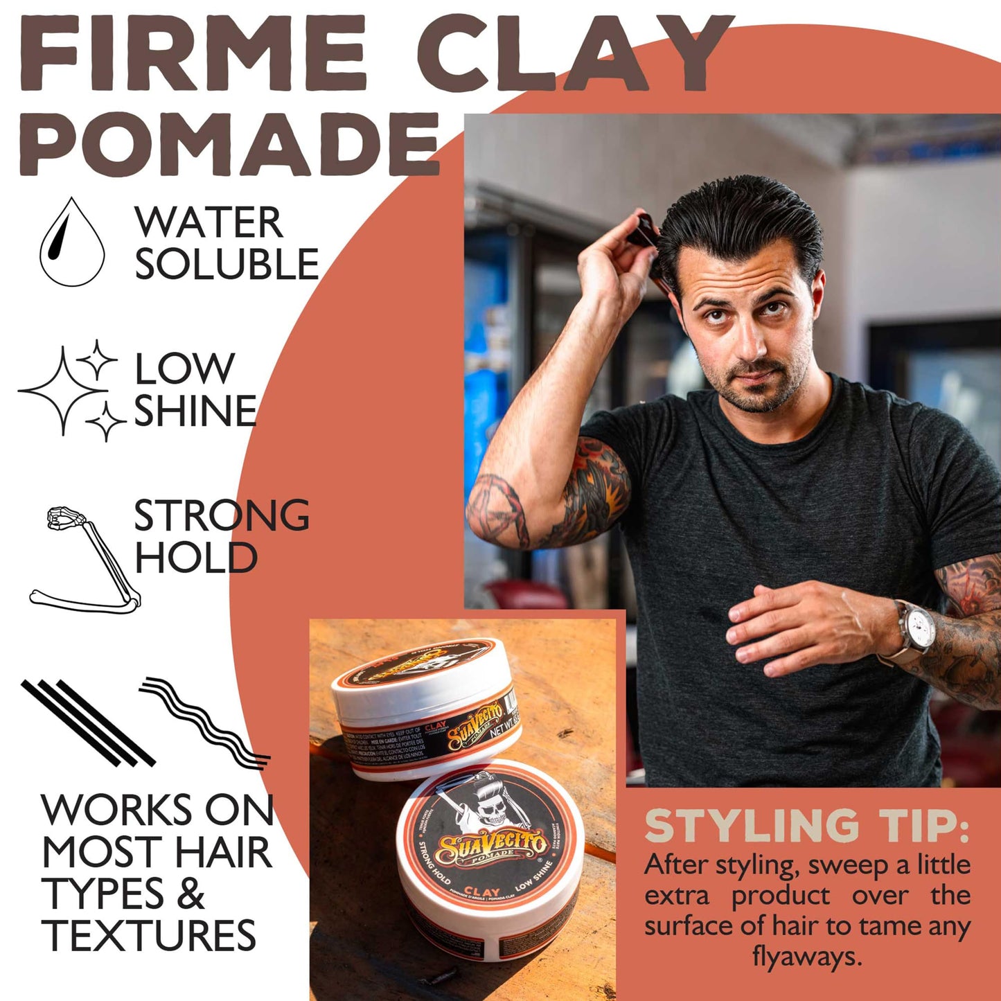 Suavecito Pomade Firme Clay for Men - Strong Hold, Low Shine Matte Finish - Professional Hair Styling Clay for Added Volume and Definition - 2.3 oz