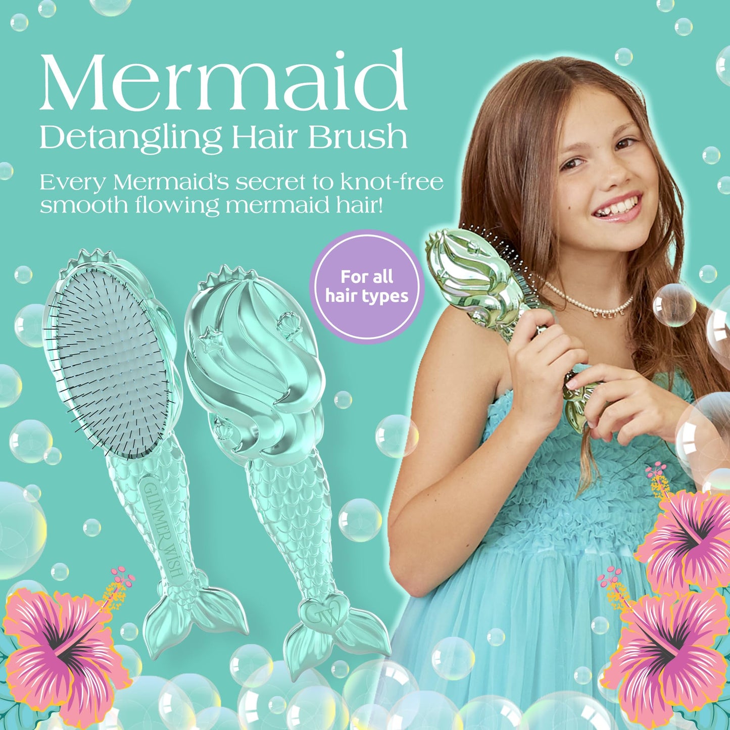 Glimmer Wish Mermaid Detangling Hair Brush for Kids - Anti Frizz and Anti Static - Soft and Long Bristles to Detangle With Ease - Gentle on Hair Kids
