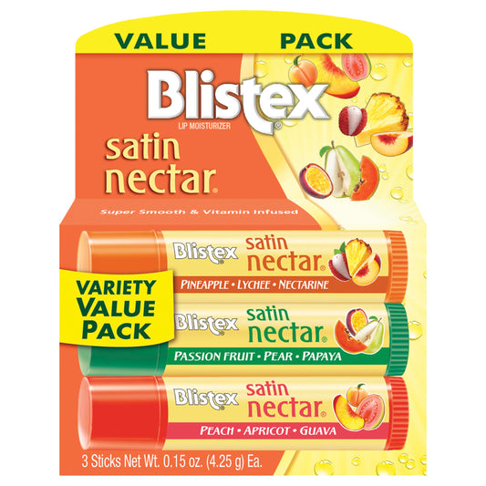 Blistex Satin Nectar Lip Balm, 0.15 oz, 3 Count, Lip Moisturizer Variety Pack, Moisturizes and Comforts Dry Lips, Refreshing Flavor Blend, Easy Glide