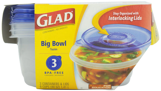 Glad Ware Big Bowl Containers with Lids, Round Size, 3 ct, 48 ounce