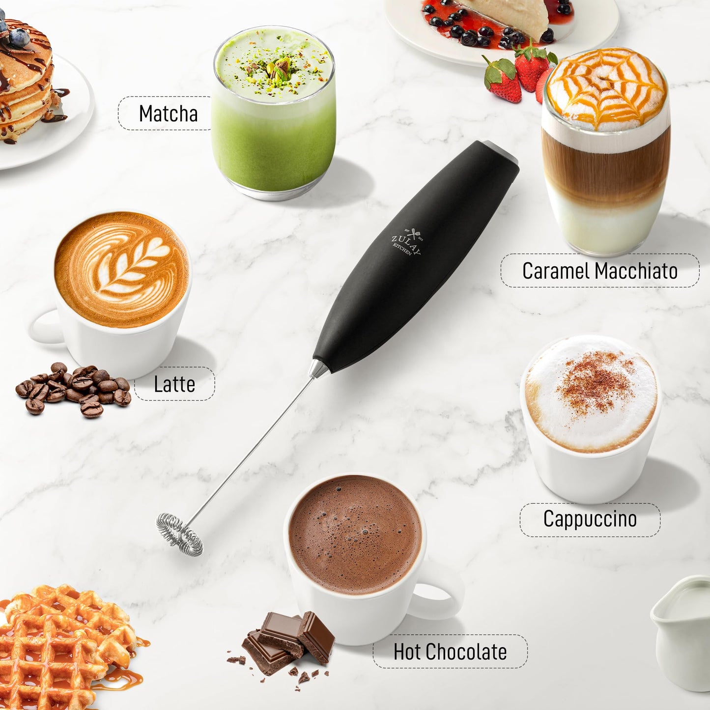 Zulay Kitchen Handheld Milk Frother Wand – Electric Drink Mixer with AA Batteries, Easy-Clean Whisk for Coffee, Lattes & Cappuccino, Black