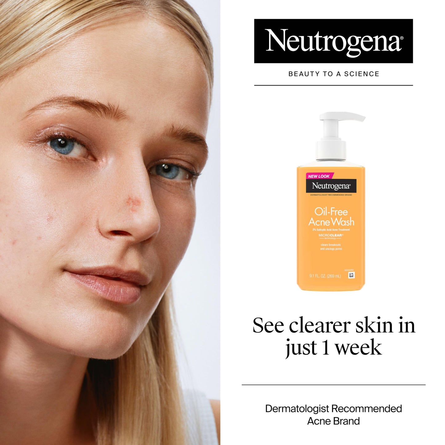 Neutrogena Oil-Free Acne Wash, Acne Fighting Facial Cleanser with Salicylic Acid Medicine, Acne Treatment for Face, Non-Comedogenic, Residue-Free, 9.1