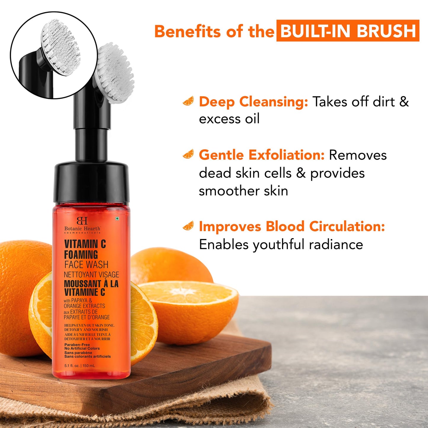 Botanic Hearth Vitamin C Foaming Face Wash With Papaya & Orange | Extracts Built|In Silicone Brush | For Cleansing & Glowing Skin | Paraben & Sulphate