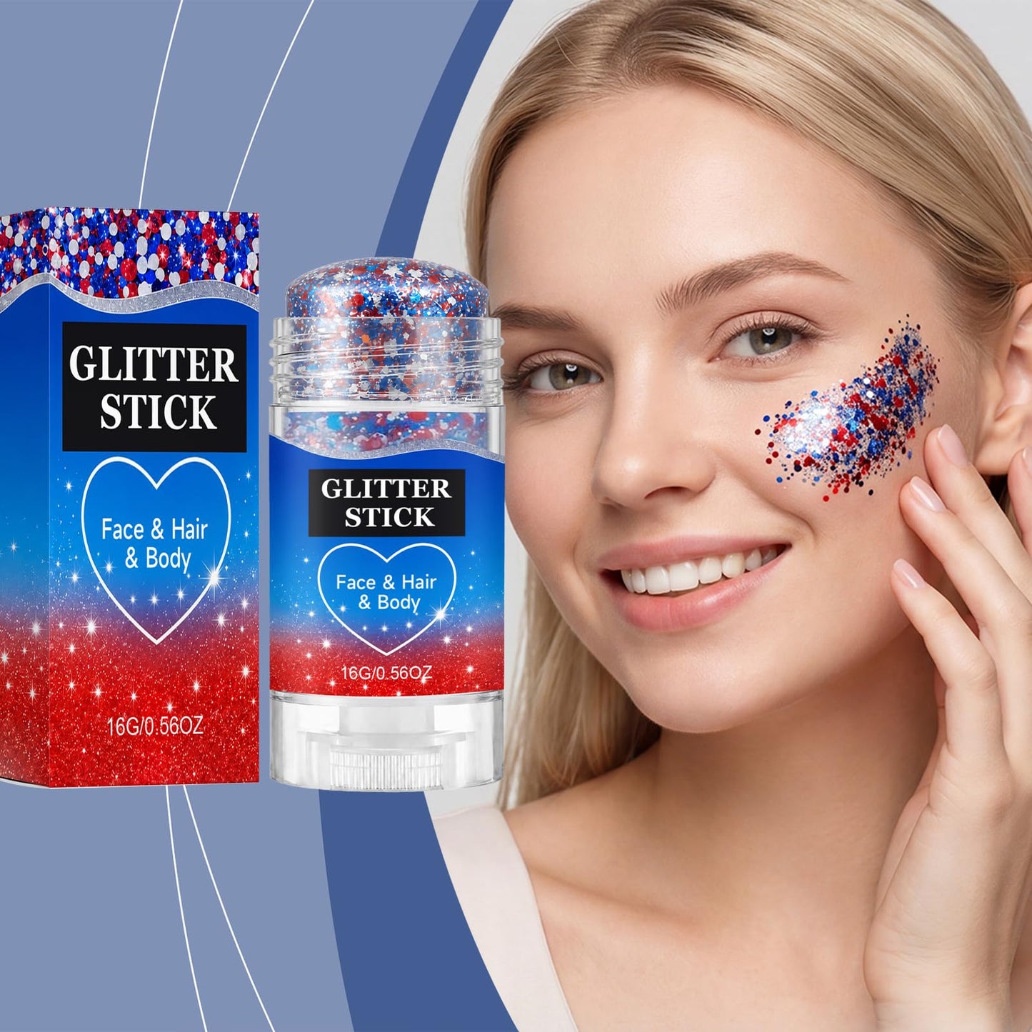 4th of July Glitter Stick, 2026 New Patriotic Hair Face Body Glitter Stick for Independence Memorial Day, Red White and Blue Body Glitter Stick Fourth