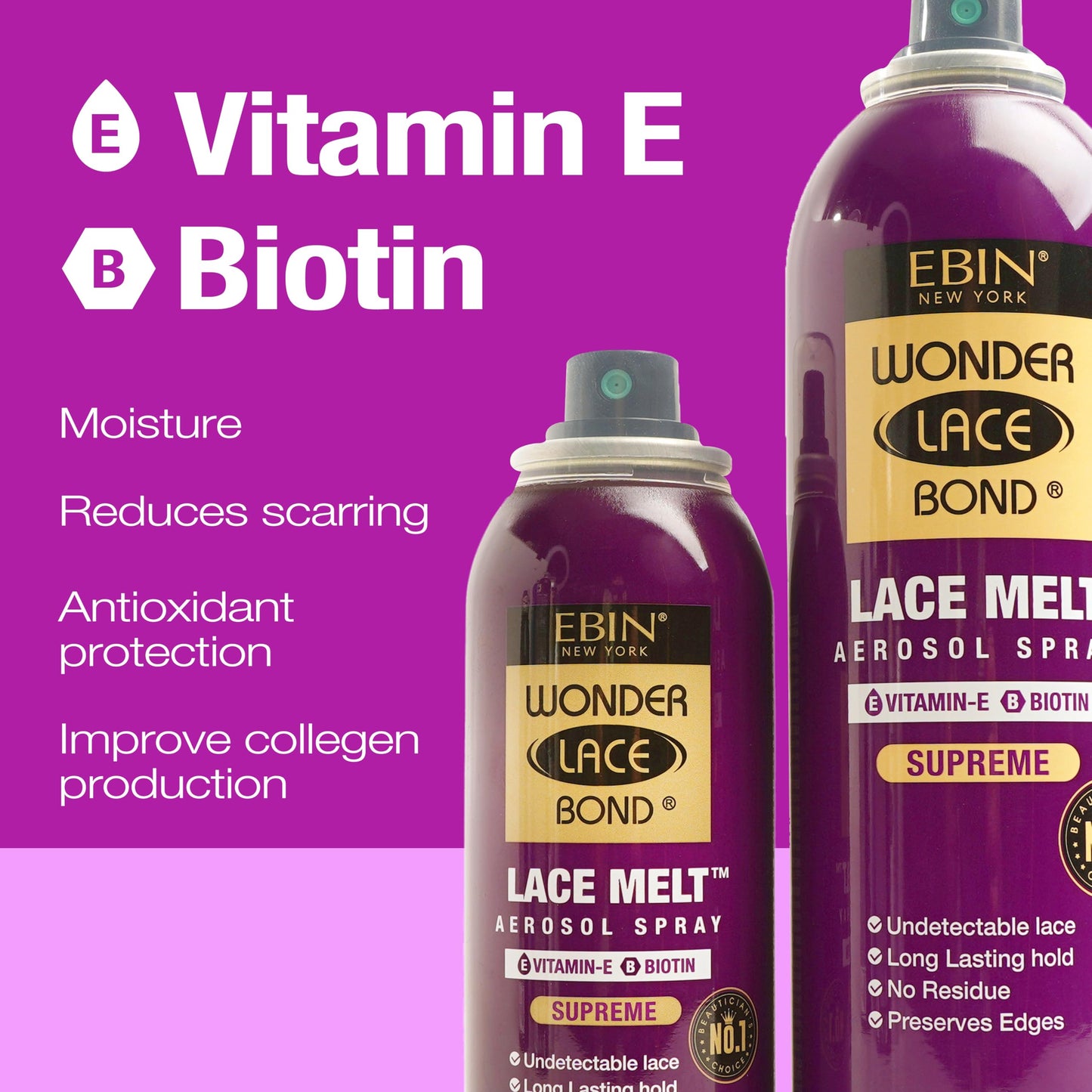 Wonder Lace Melt Aerosol Spray - Vitamin E Biotin Infused 6.08 fl.oz./180ml Preserves Edges & Undetectable Lace Long lasting hold No Residue glueless