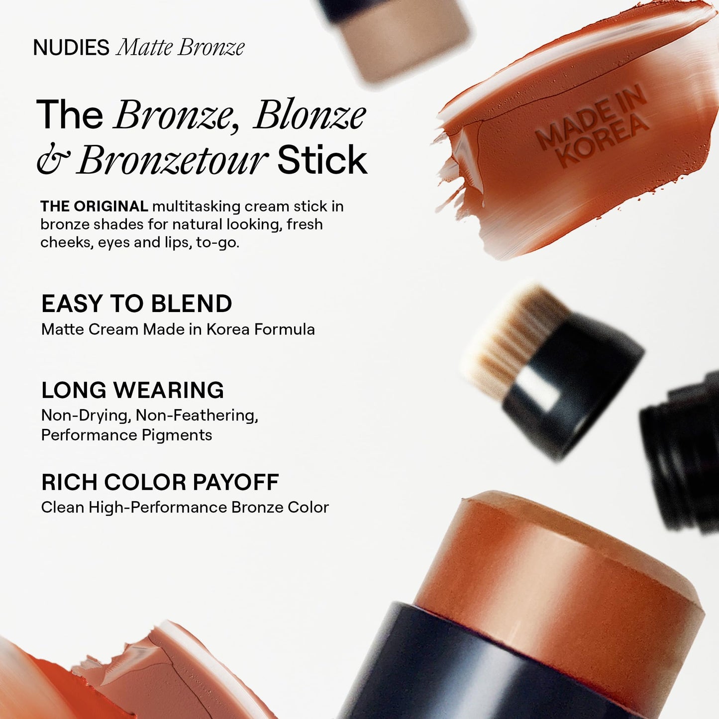 Nudestix Nudies Bronze All Over Matte Bronzing Stick - 3-in-1 Cream Bronzer for Cheeks, Eyes & Lips with Built-In Brush | Natural Contour & Sun-Kissed