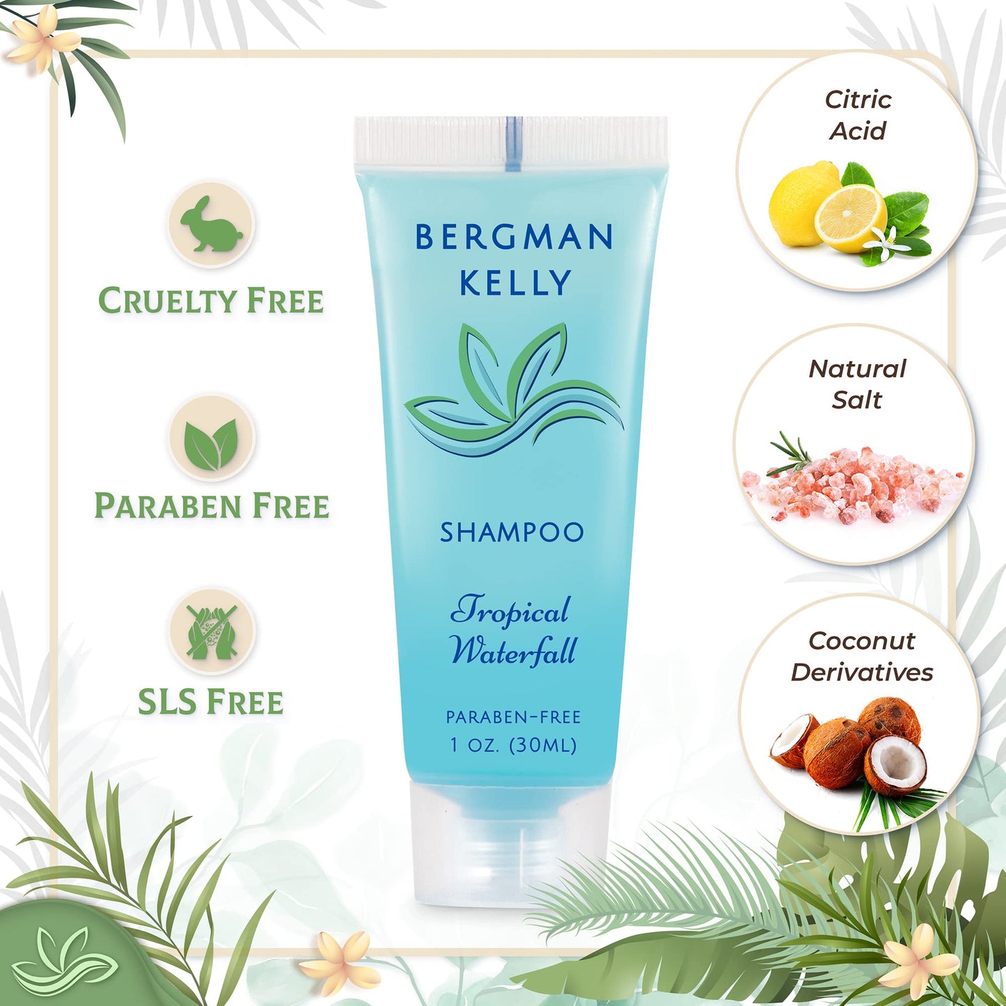 Bergman Kelly - Travel Shampoo and Conditioner Set - 1 fl oz, 100 Pieces, Tropical Waterfall - Delight Your Guests with Invigorating and Refreshing