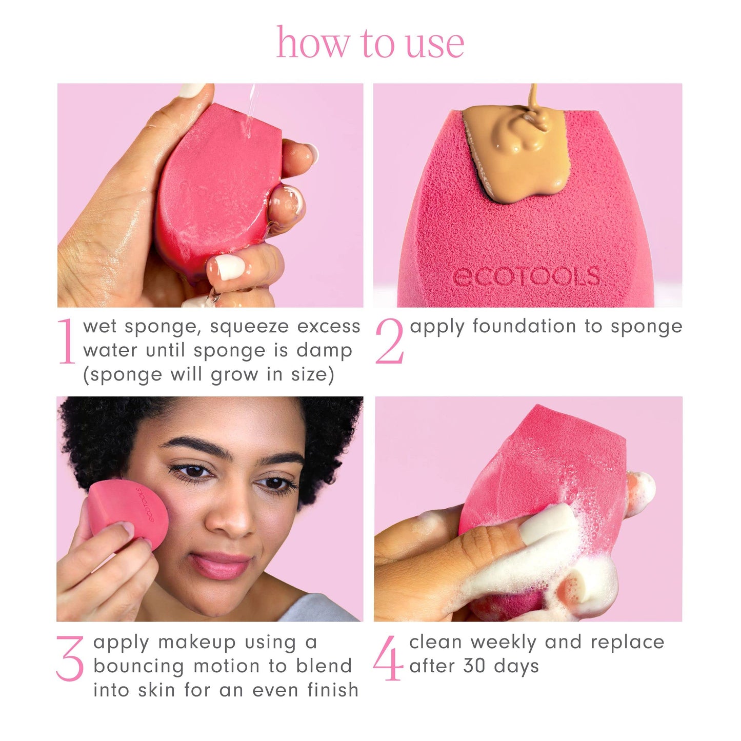 EcoTools Rose Water Bioblender, Compostable Makeup Blending Sponge, For Liquid & Cream Foundation, Base Coverage, Anti-inflammatory Ingredients, Pink