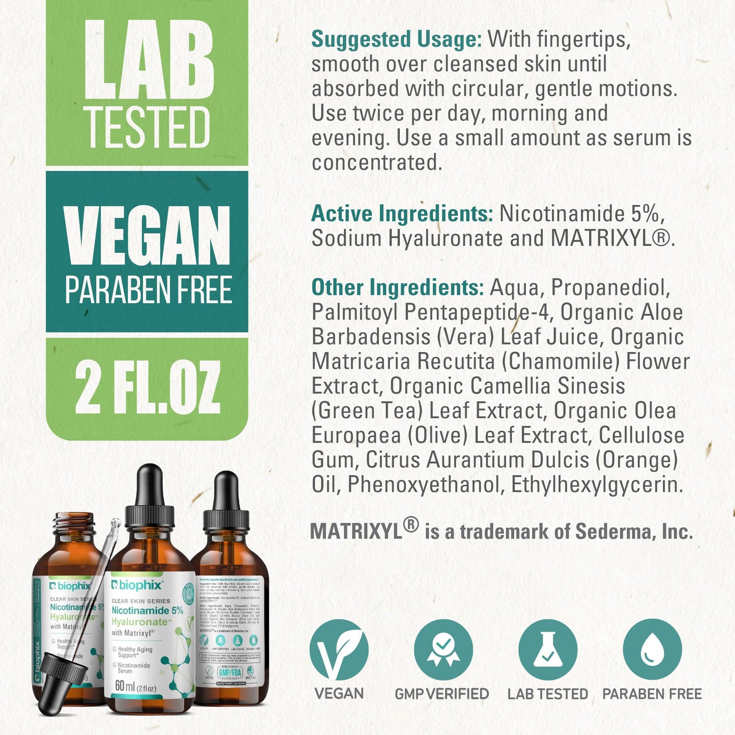 biophix B-3 Nicotinamide Age-Defying Liquid Serum 2 oz - Hyaluronic Acid - Matrixyl ® - Supports Skin Health - Healthy Aging