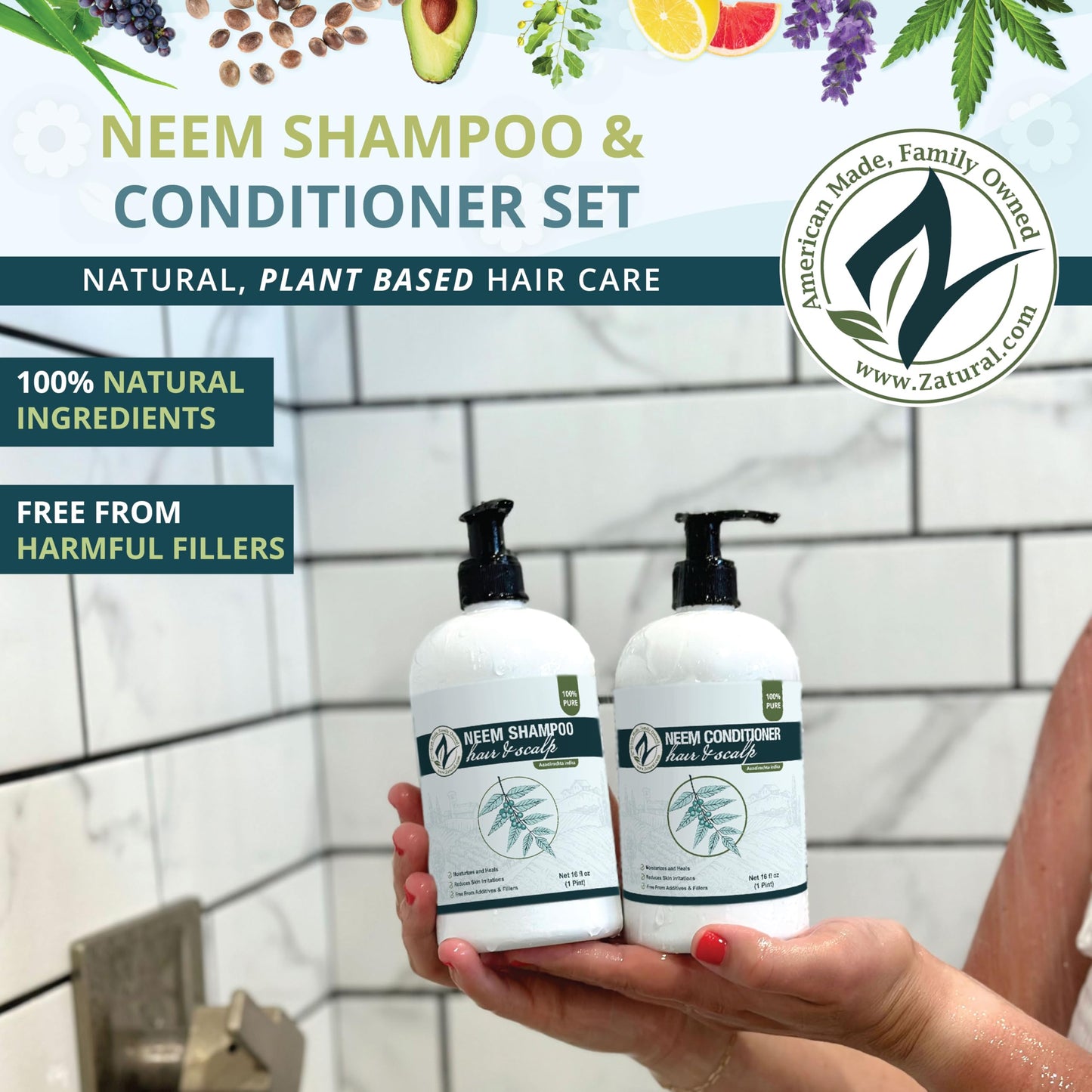 Zatural Natural Neem Shampoo & Conditioner Kit, Health Soothing & Healing For Sensative Scalp & Hair Nourish & Repair (16oz Shampoo & 16oz