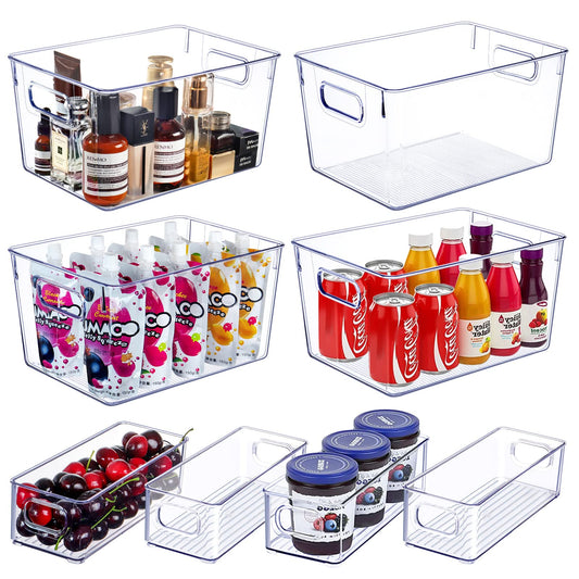 Set of 8 Clear Plastic Storage Bins – 4 Large & 4 Small Stackable Containers for Pantry, Kitchen, Cabinet & Home Organization