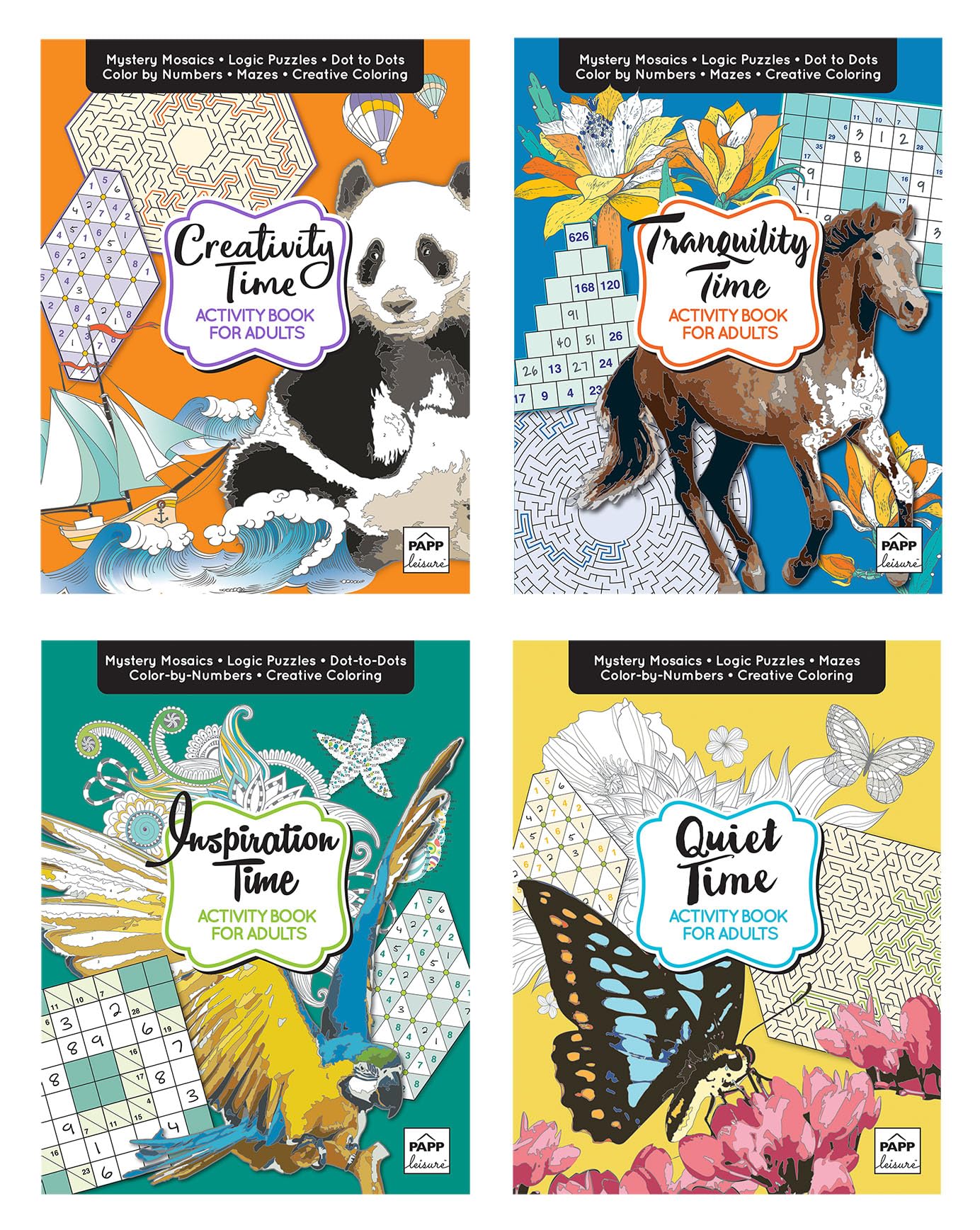 Activity Books for Adults – 4-Volume Set with 100+ Pages of Stress-Relief Puzzles: Sudoku, Color by Number, Mosaics & Inspirational Quotes