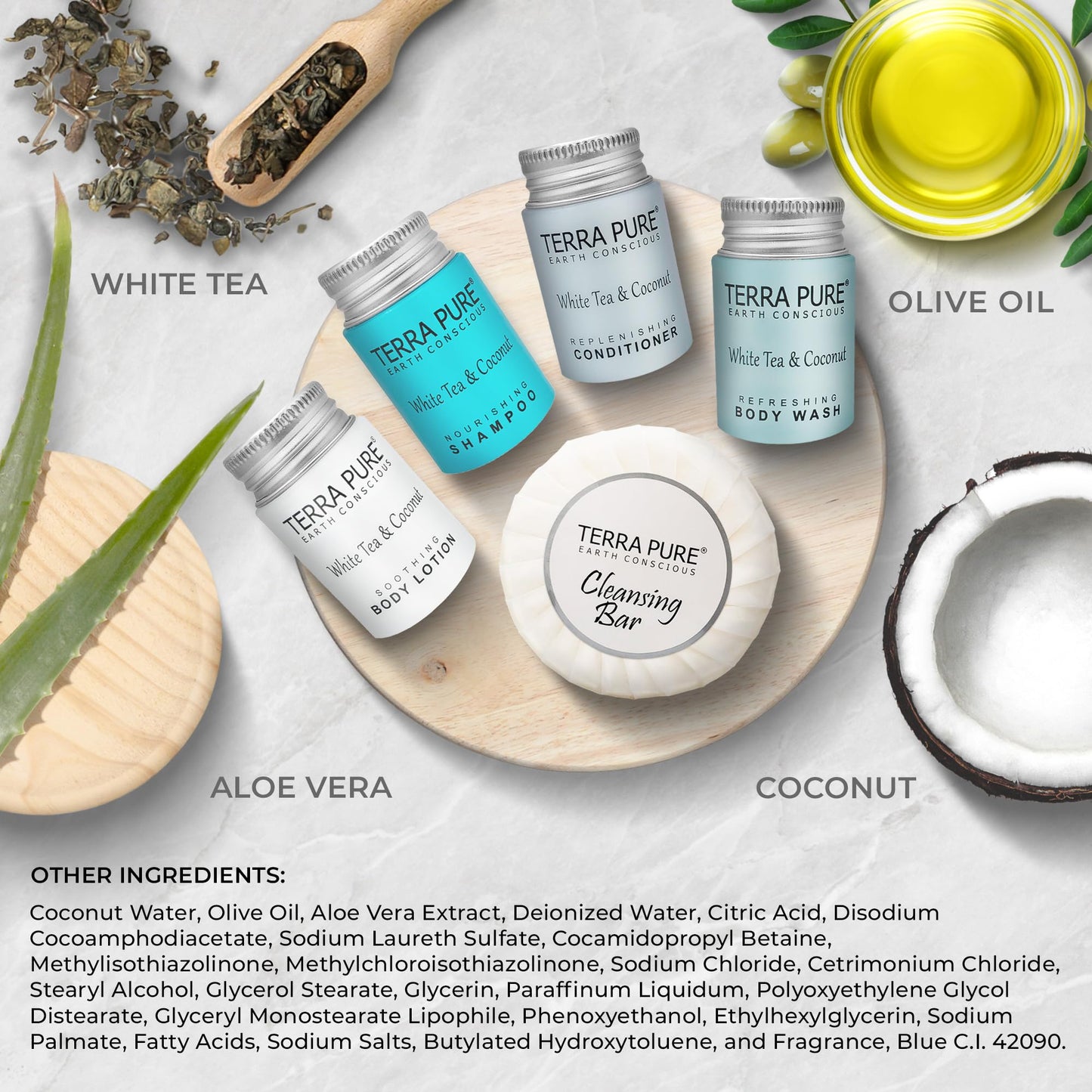 Terra Pure White Tea & Coconut Toiletries Set | 1-Shoppe Amenities Kit | 1oz Shampoo & Conditioner, Body Wash, Lotion, 1.25oz Bar Soap | Travel Size |