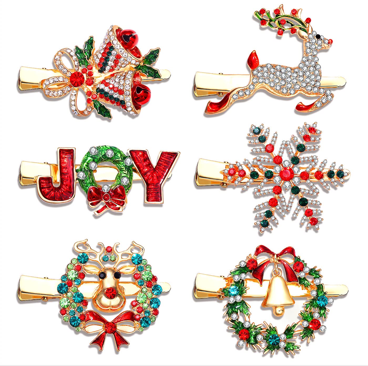 6PCS Christmas Hair Clips for Women Xmas Snowflake Wreath Reindeer Bell Hairpins Rhinestone Holiday Hair Barrettes Festive Costume Hair Accessory