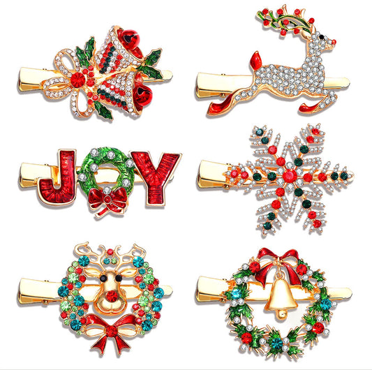 6PCS Christmas Hair Clips for Women Xmas Snowflake Wreath Reindeer Bell Hairpins Rhinestone Holiday Hair Barrettes Festive Costume Hair Accessory