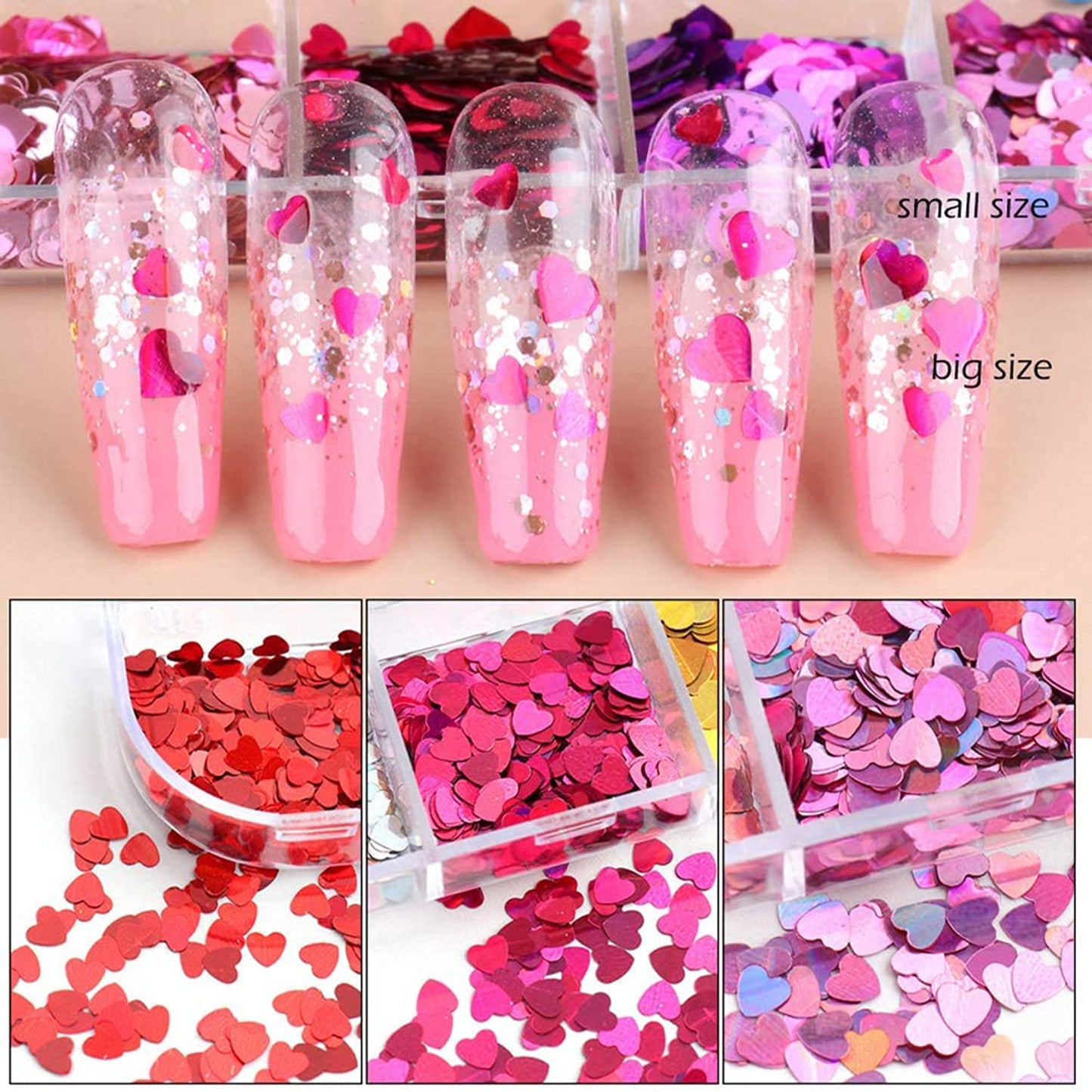 12 Colors Heart Holographic Nail Glitter Sequin Accessories Colorful 3D Heart Nail Flakes Powder UV Gel Polish Acrylic Design for Women Girls Manicure