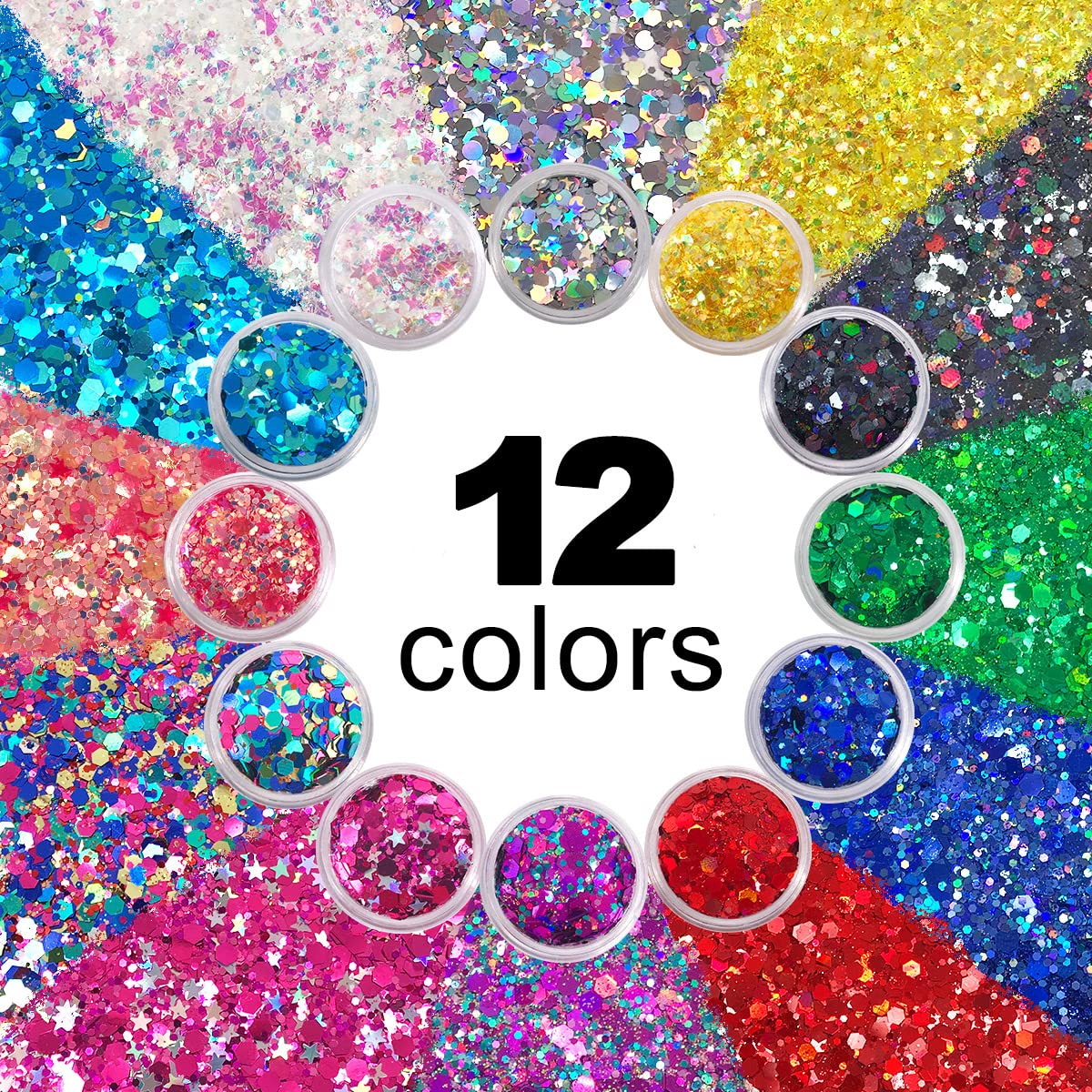 12 Pack - Multi-Colored Face & Body Glitter - Glue Included - Rainbow Chunky Glitter - Uses Include: Festival Rave Makeup Face Body Nails Resin Arts