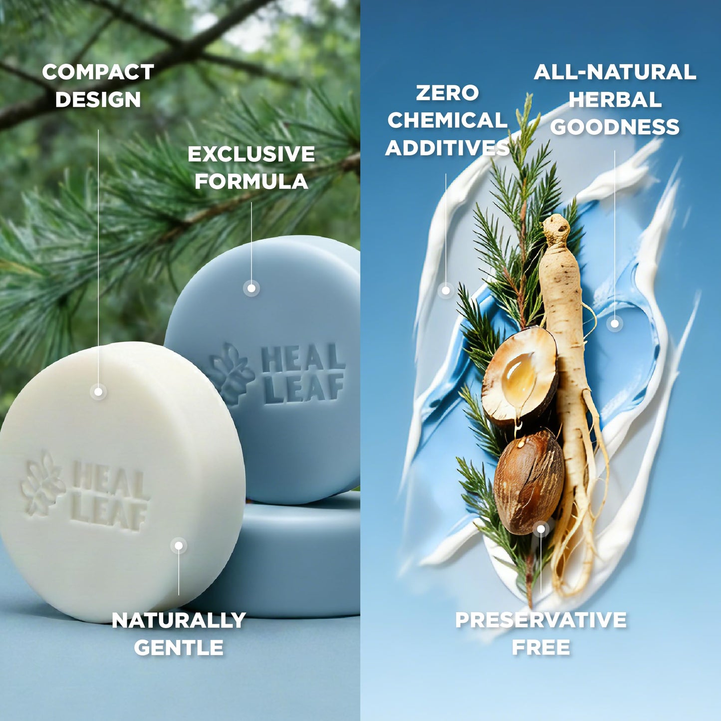 HEAL LEAF Solid Shampoo and Conditioner Bar Set - Botanical Hair & Scalp Care - Plant Extracts Complex, Natural pH - Eco-Friendly Travel Essential