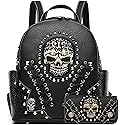 Cowgirl Trendy Sugar Skull Punk Art Rivet Stud Biker Purse Women Fashion Backpack Python Daypack Shoulder Bag Wallet Set (Black Set)