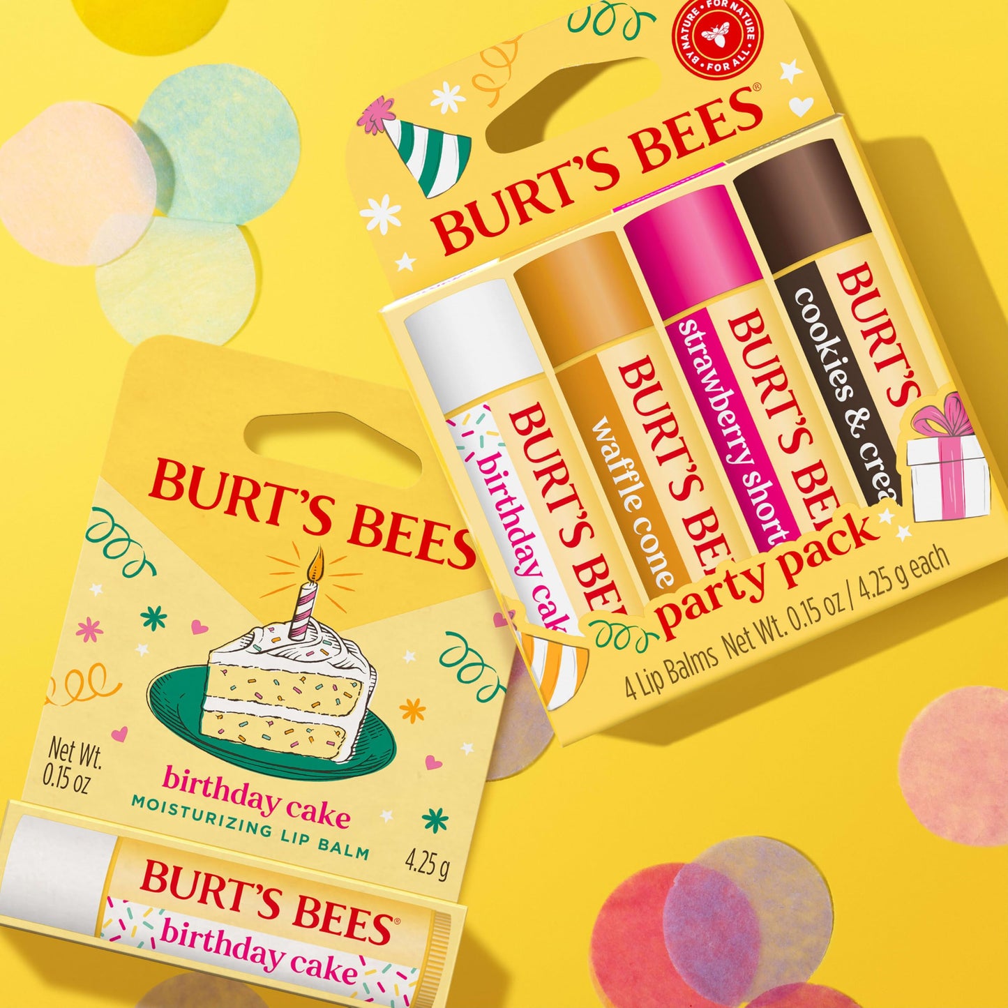 Burt's Bees Lip Balm Party Pack - Birthday Cake, Waffle Cone, Strawberry Shortcake, and Cookies & Cream, All Day Moisturizer, Tint-Free, Natural