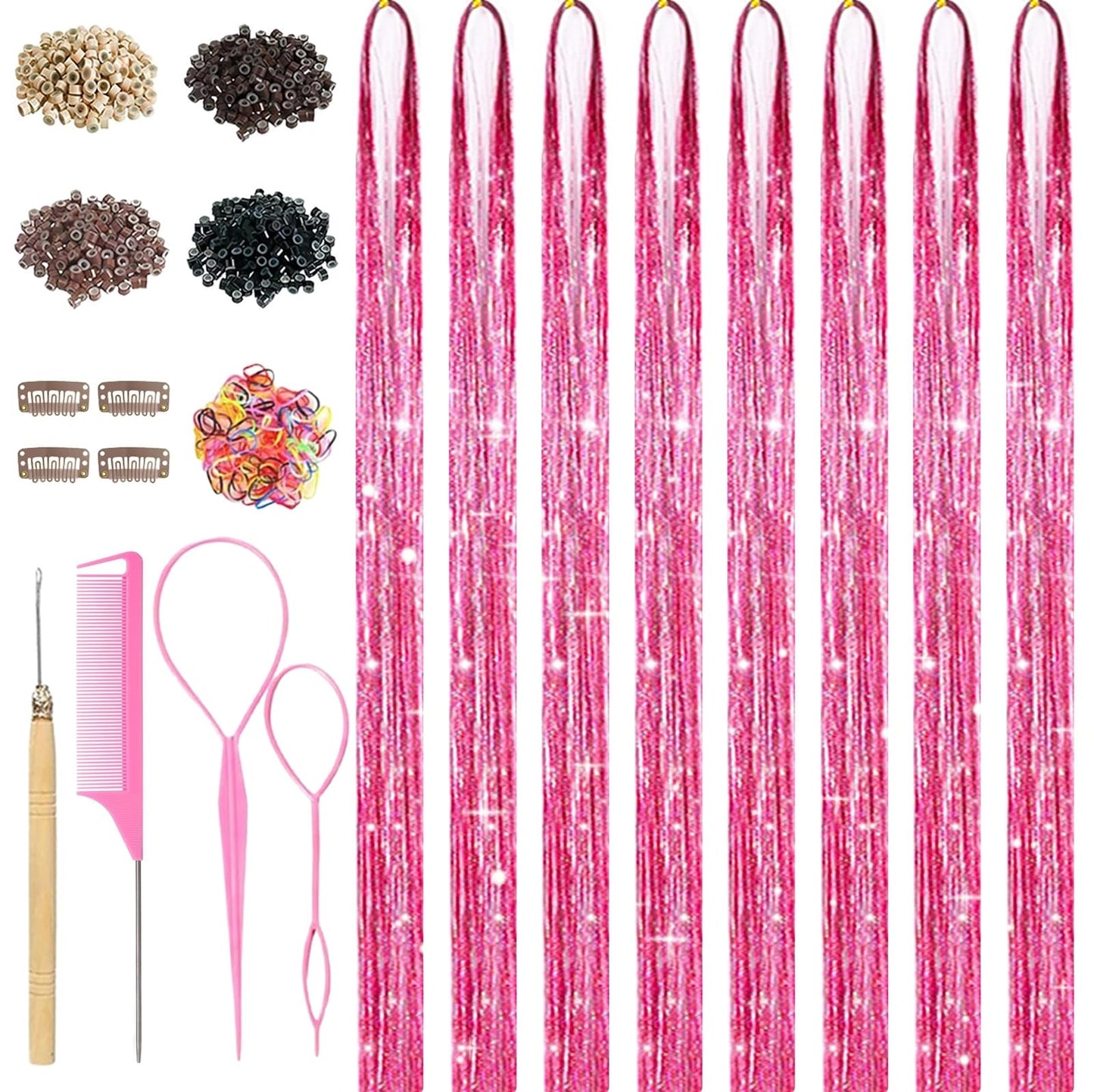 Pink Hair Tinsel, 8 Pcs Fairy Hair Tinsel Kit for Girls Women Beauty and Personal Care Rootoo Default Title