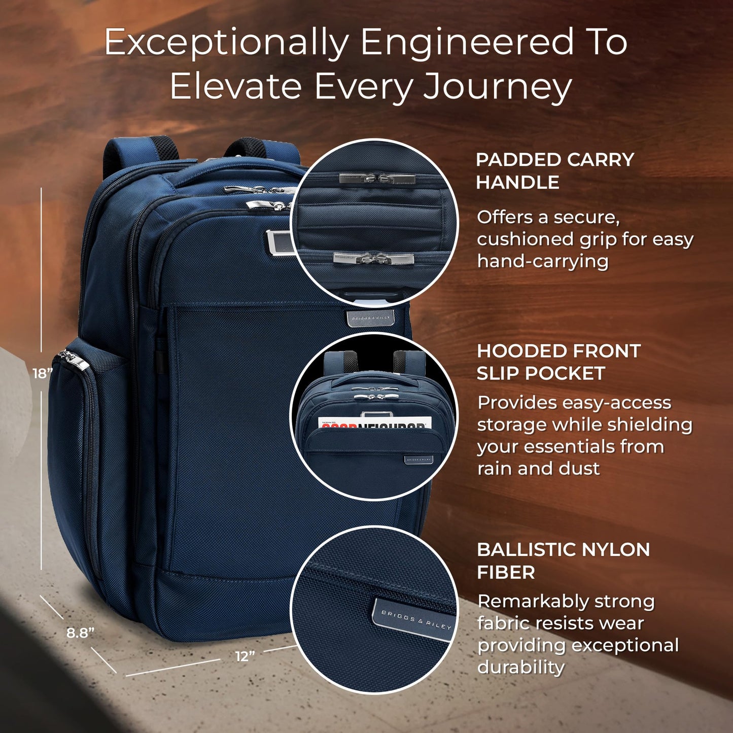 Briggs & Riley Traveler Backpack - Carry On Travel Backpack for Women & Men, Personal Item Travel Bag, Lightweight & Durable, Padded Straps, Fits up to 15" Laptop - Baseline Collection, Navy