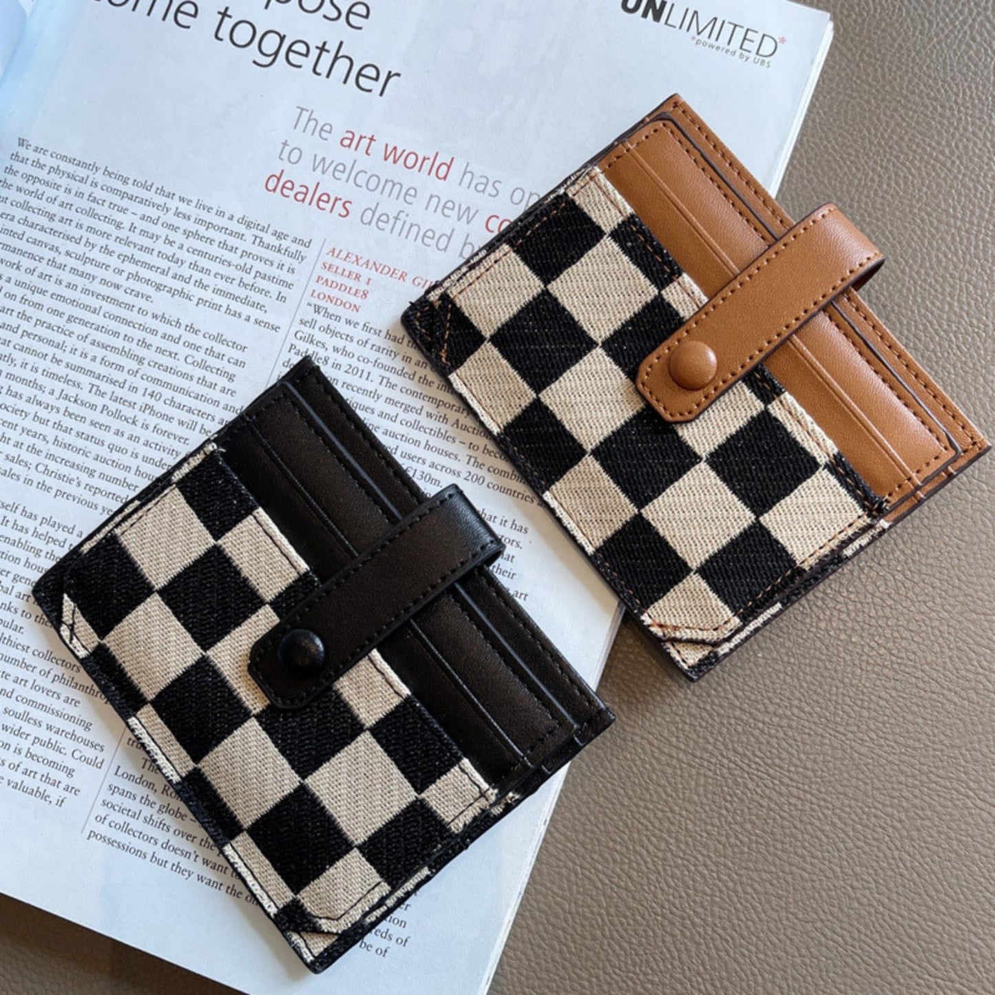 TURBOOST Cute Slim Card Holder Canvas Front Pocket Checkered Wallet, Small Credit Card Case for Women (Brown)