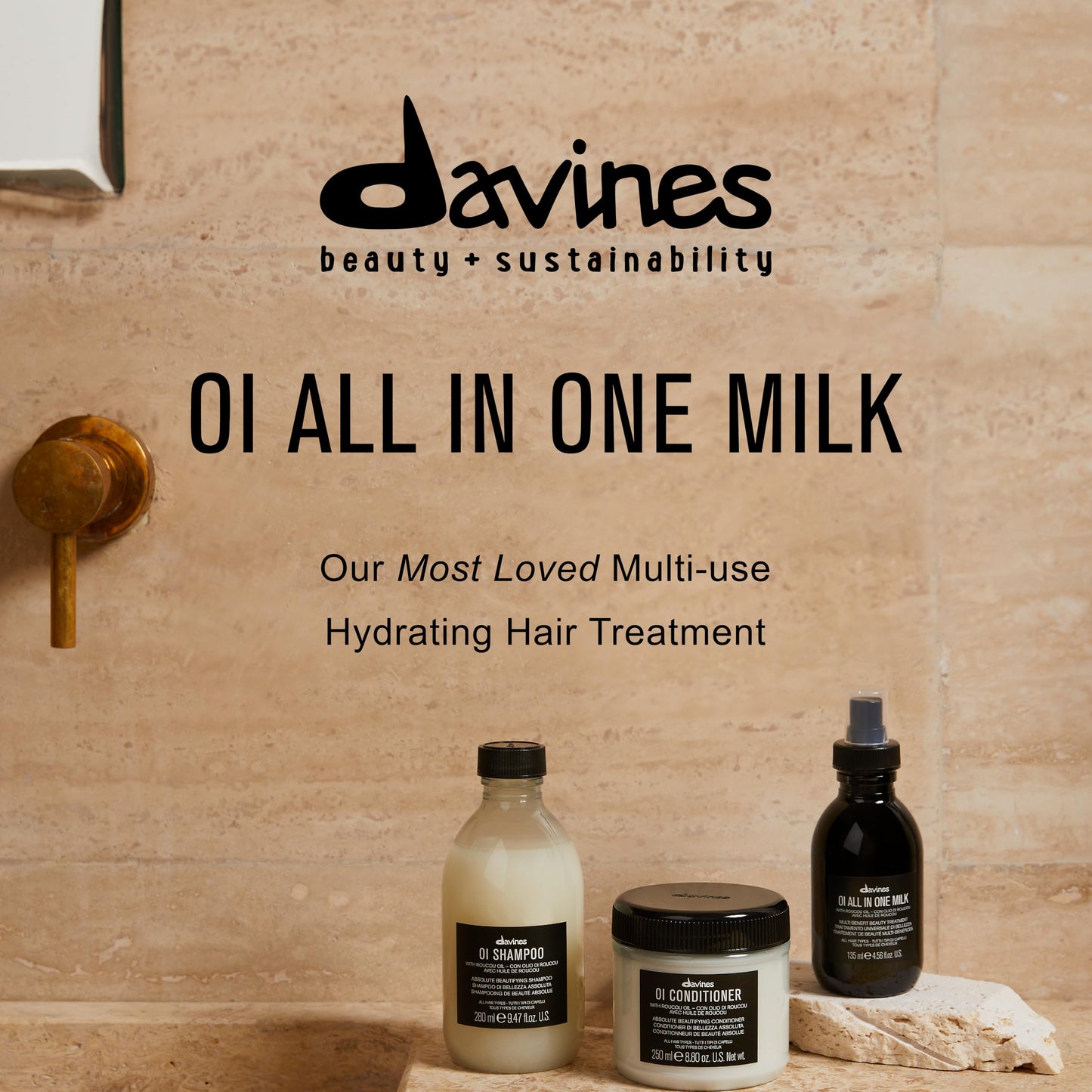 Davines OI All in One Milk | Leave-in Conditioner Spray | Powerful Hair Detangler + Heat Protection | Smoothes Frizzy Hair, 1.69 Fl oz