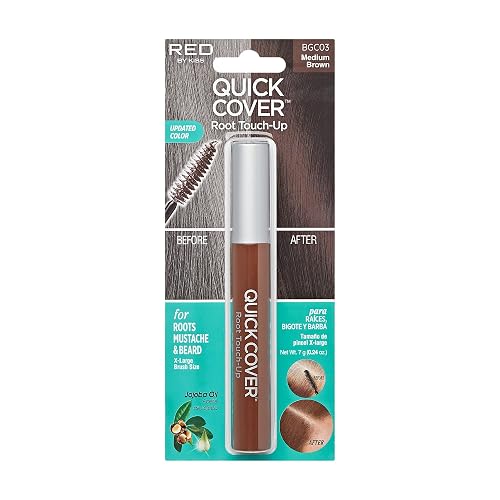 RED by KISS Quick Cover Root Touch Up Rescue (Medium Brown), Mascara Natural Water-Resistant Temporary Gray Concealer Cover Up Brush for Hair Mustache