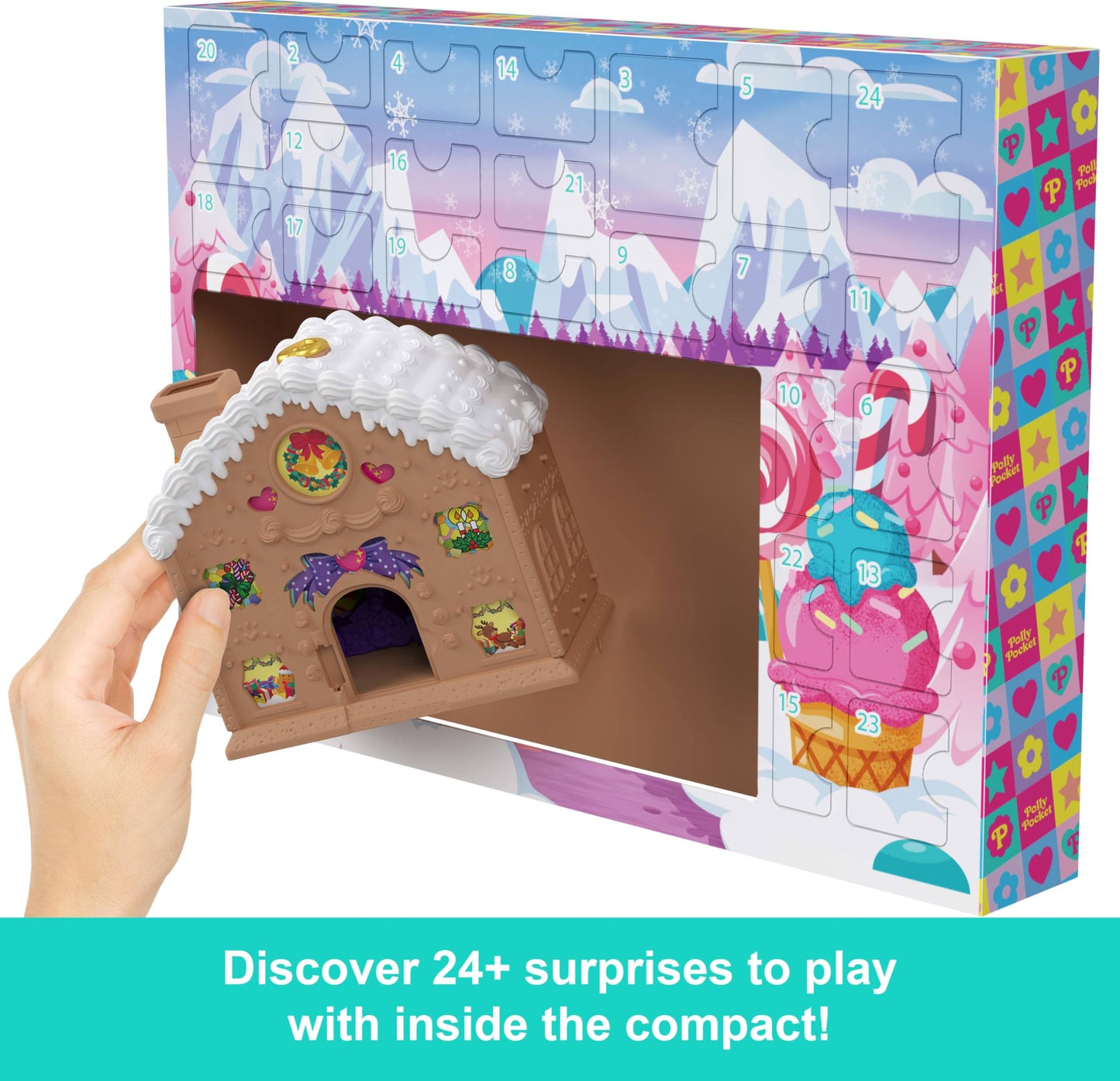 Polly Pocket Doll Advent Calendar, DIY Gingerbread House Playset with 24+ Surprises, Dollhouse Furniture, and Holiday Accessories