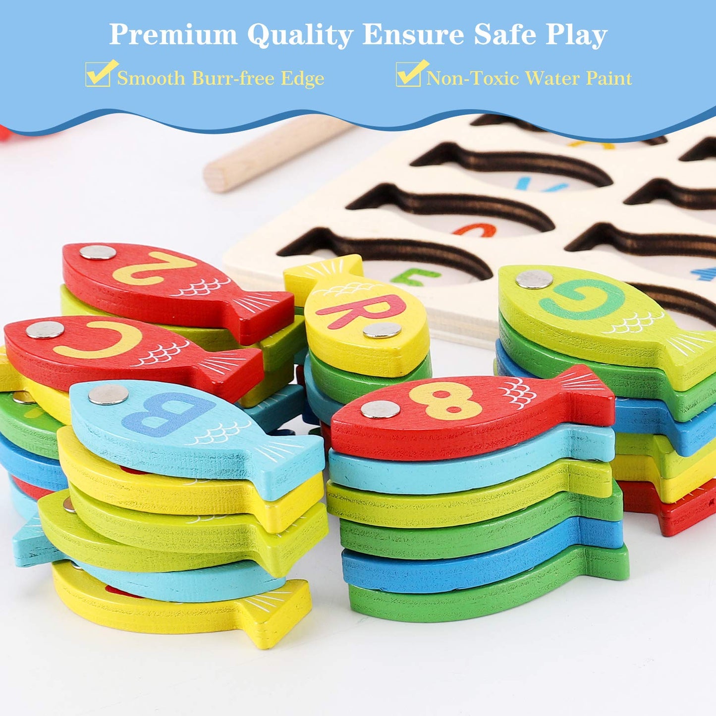 Magnetic Wooden Fishing Game for Toddlers – Alphabet & Number Catching Puzzle, Preschool Learning ABC Math Educational Toy for Kids Ages 3-5