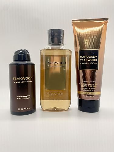 Bath and Body Works Teakwood - Three Piece Men's Collection 8 oz Body Cream, 3.7 oz Deodorizing Body Spray, 10 oz 2-IN-1 Hair and Body Wash
