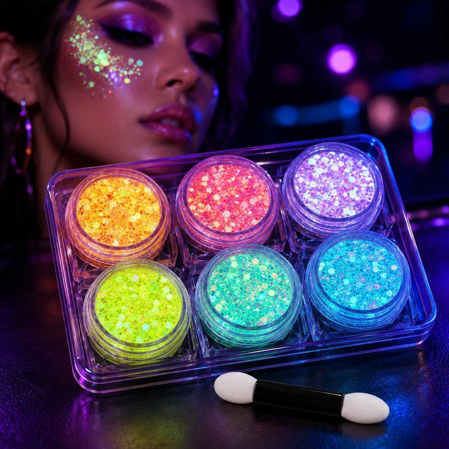 MiraWish 6 Colors Glow in The Dark Glitter Gel, Face & Body Glitter for Women, Neon Black Light Party Makeup, No Glue Needed, Easy Wash Off, Rave