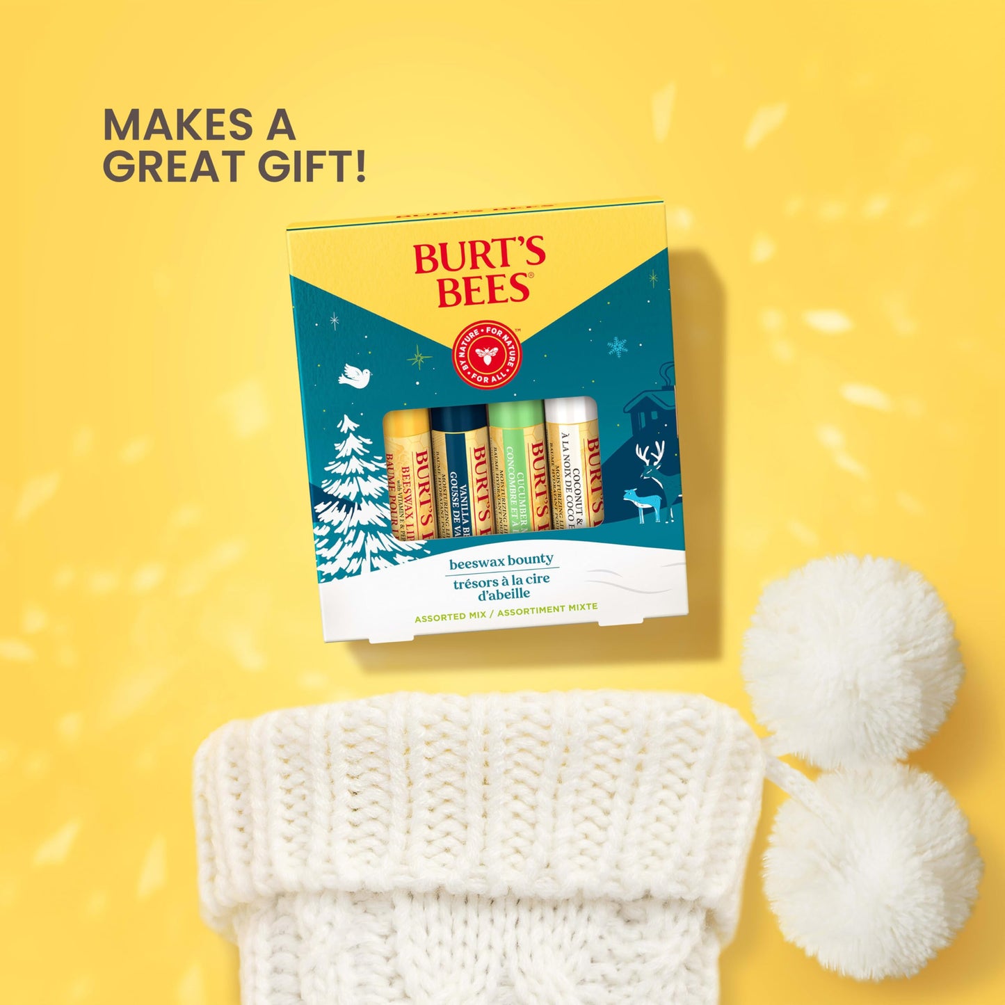 Burt's Bees 4 Lip Balm Stocking Stuffers Products, Assorted Mix Set - Classic Beeswax, Vanilla, Cucumber Mint & Coconut and Pear (Pack of 4)