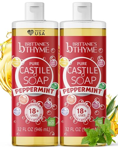 Brittanie's Thyme Pure Castile Liquid Soap Refill (Peppermint, 32 oz Pack of 2) | For Hair & Body, Gentle and Pure, Made with Natural Luxurious Oils