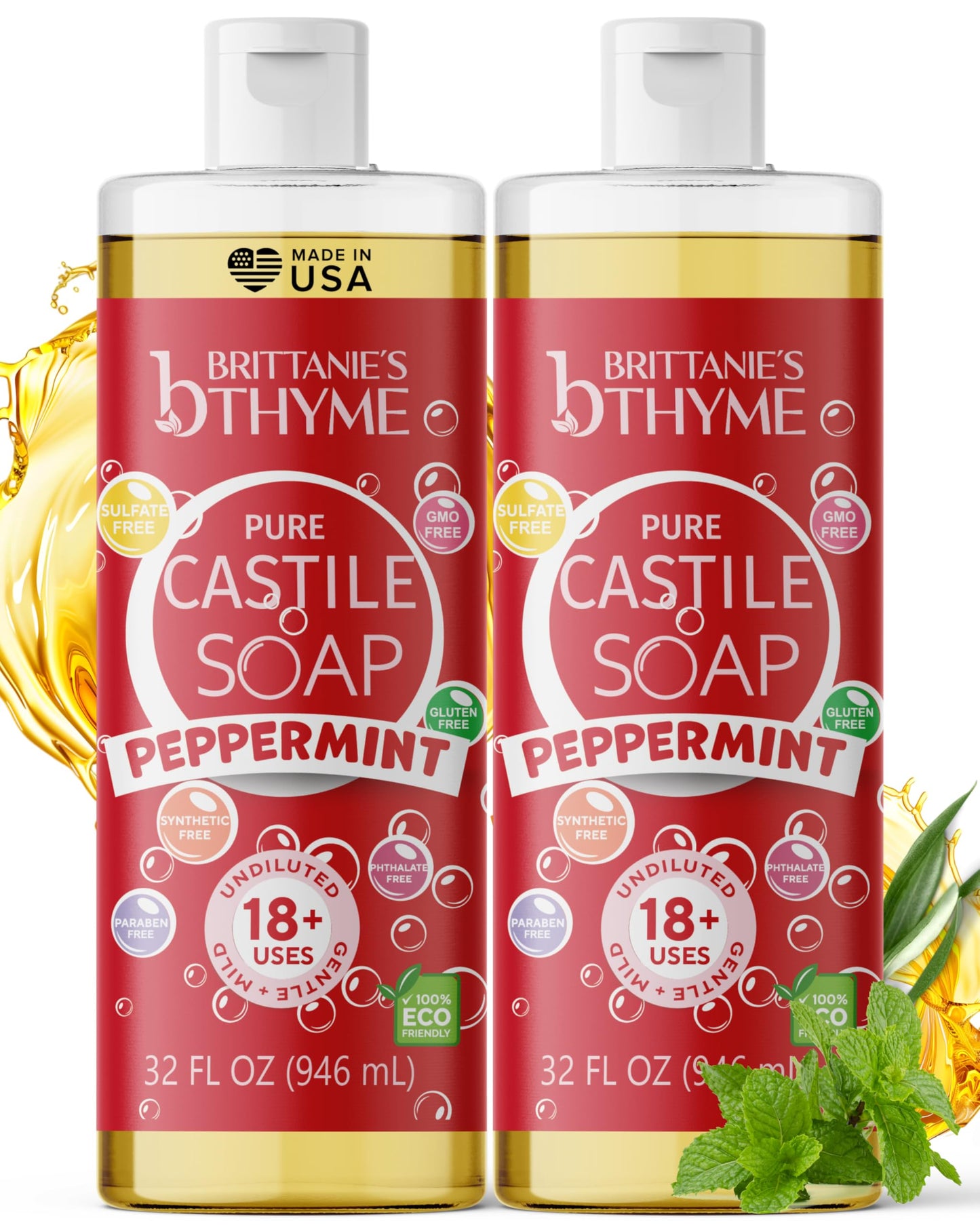 Brittanie's Thyme Pure Castile Liquid Soap Refill (Peppermint, 32 oz Pack of 2) | For Hair & Body, Gentle and Pure, Made with Natural Luxurious Oils