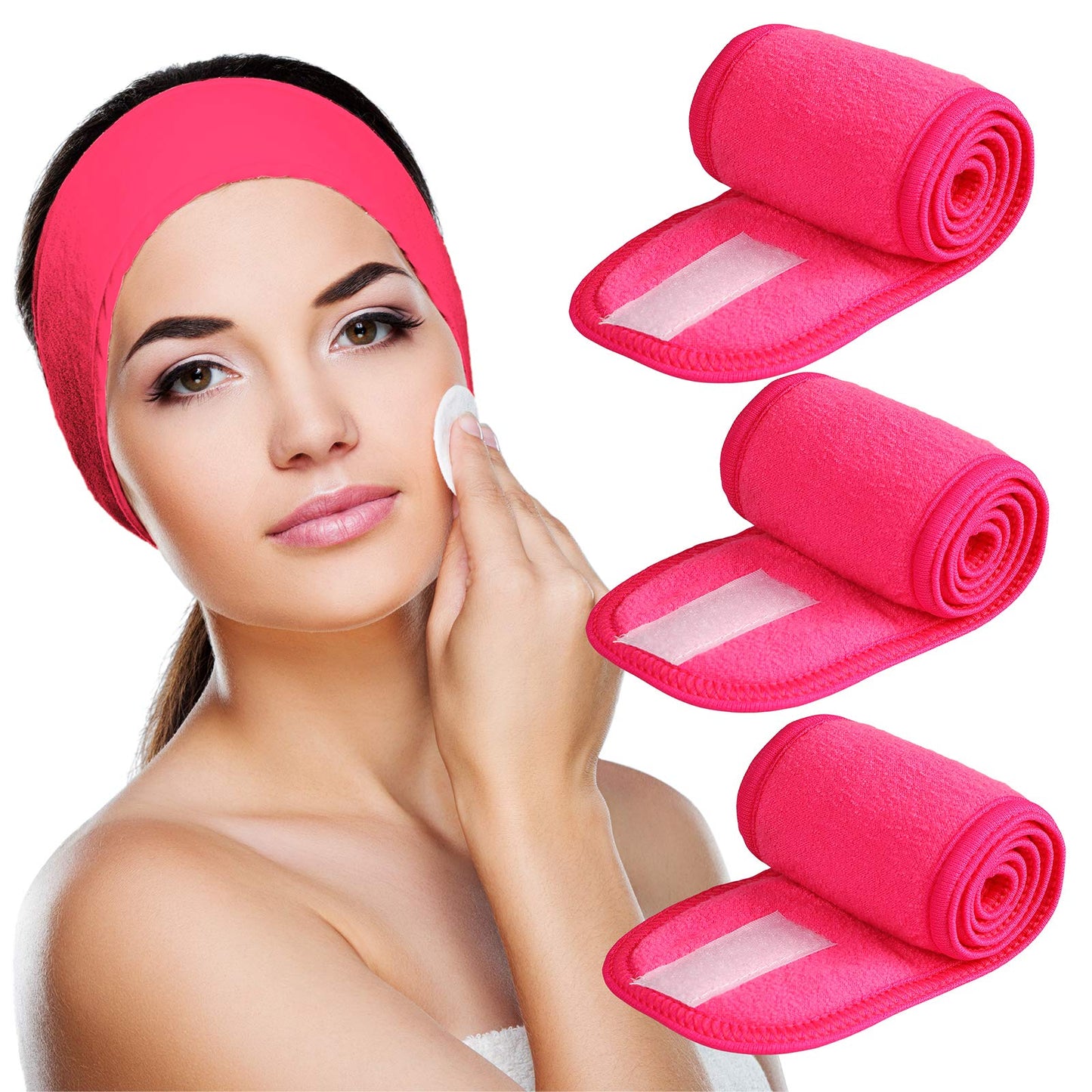 Denfany 3 Pack Makeup Headband, Ultra Soft Adjustable Spa Facial Headbands Terry Cloth Stretch Make Up Wrap for Face Washing, Bathing, Showers (Rose