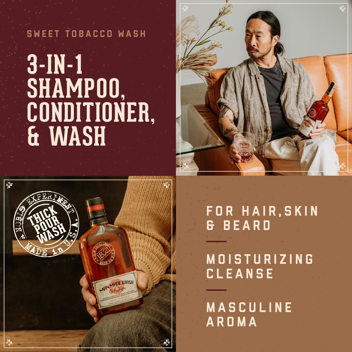 18.21 Man Made Original Sweet Tobacco 3-in-1 Body Wash, Shampoo, & Conditioner for Men, All Hair & Skin Types, Strengthens and Moisturizes in a Manly Beauty and Personal Care 18.21 Man Made