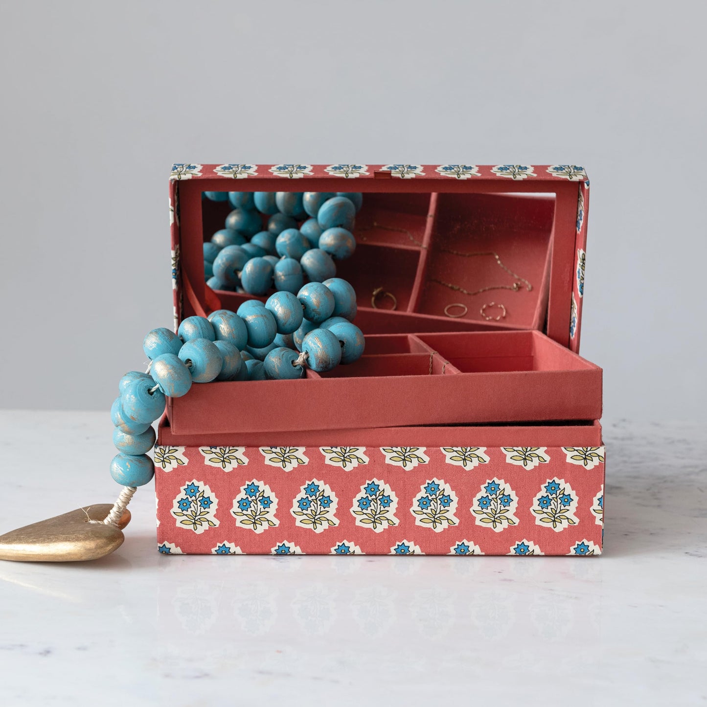 Fabric Covered Jewelry Box with Floral Pattern and Interior Mirror, Multicolor