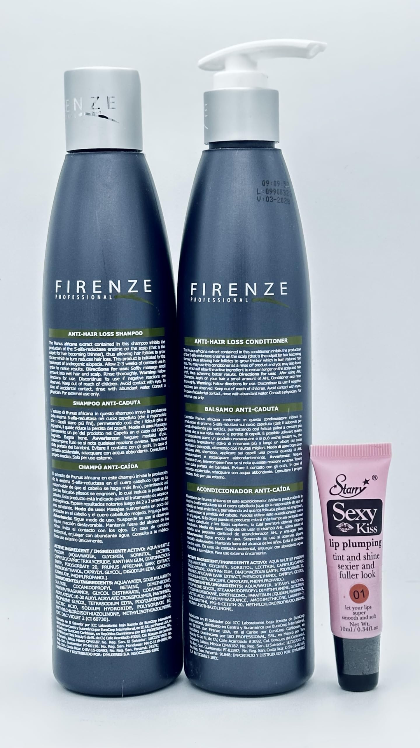 Firenze Professional AHL Anti-Hair Loss Shampoo & Conditioner 10.1 fl oz with Prunus Africana Extract & Panthenol - Free Starry Lip Plumping Gloss